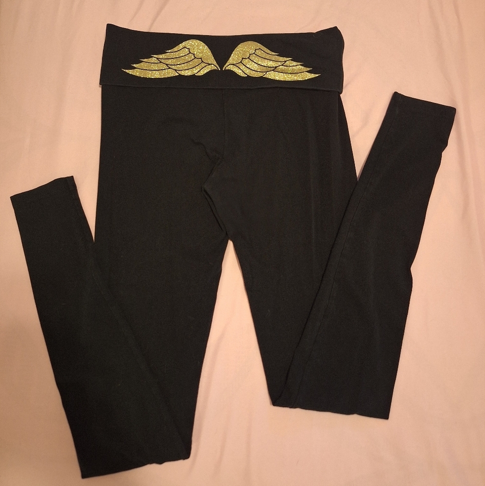 Victoria's Secret Low Rise Fold Over Gold Glitter Wings Leggings